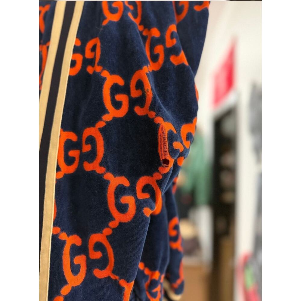 Gucci GG Velour Jogger Pants Size L Navy Orange Monogram Waffle Knit Sweatpants - Picture 7 of 15